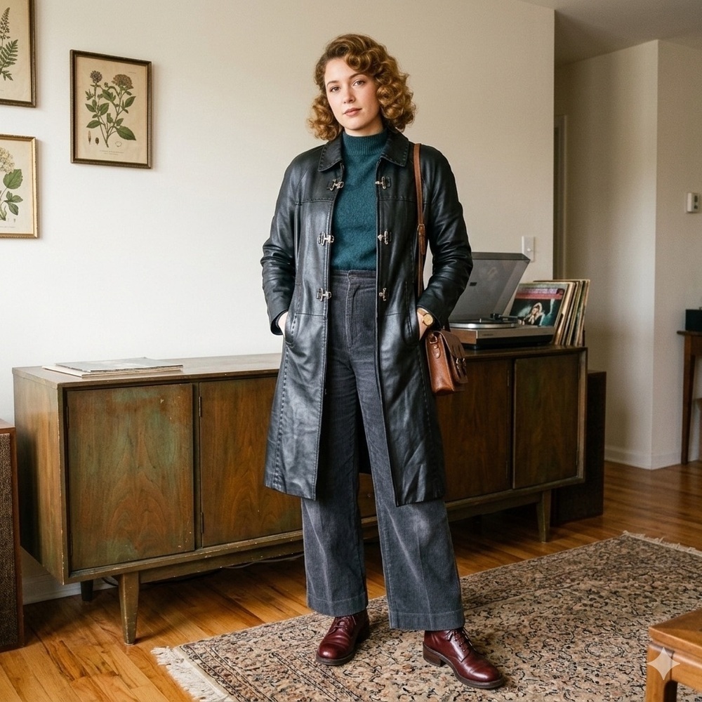 Vintage Black Leather Long Coat Minimalist 90s Jacket Toggle Closure Women’s